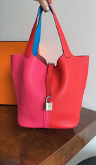 Hermes Picotin Lock 22  Bag Clemence - Rouge Coeur / Rose Extreme / Zanzibar