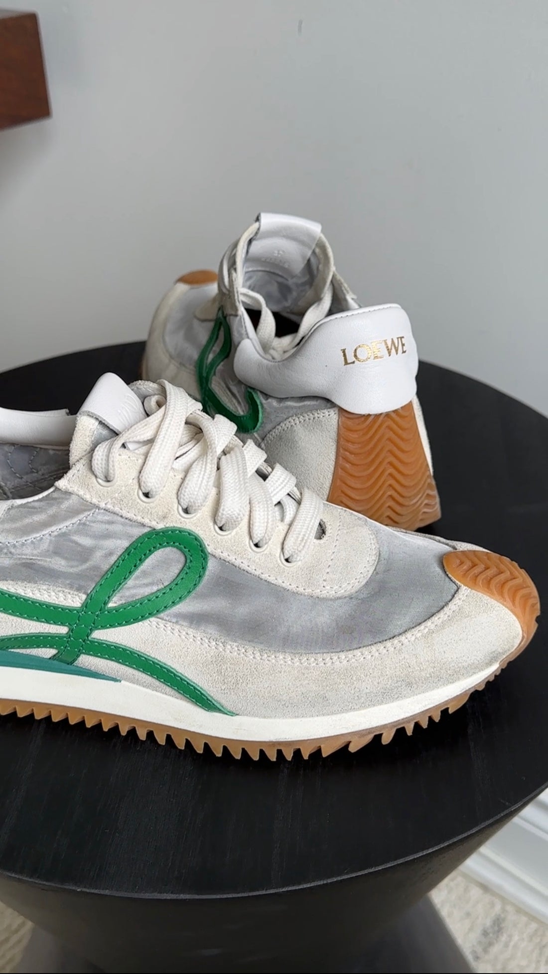 Loewe Green and White Mesh Anagram Flow Runners Sneakers 37