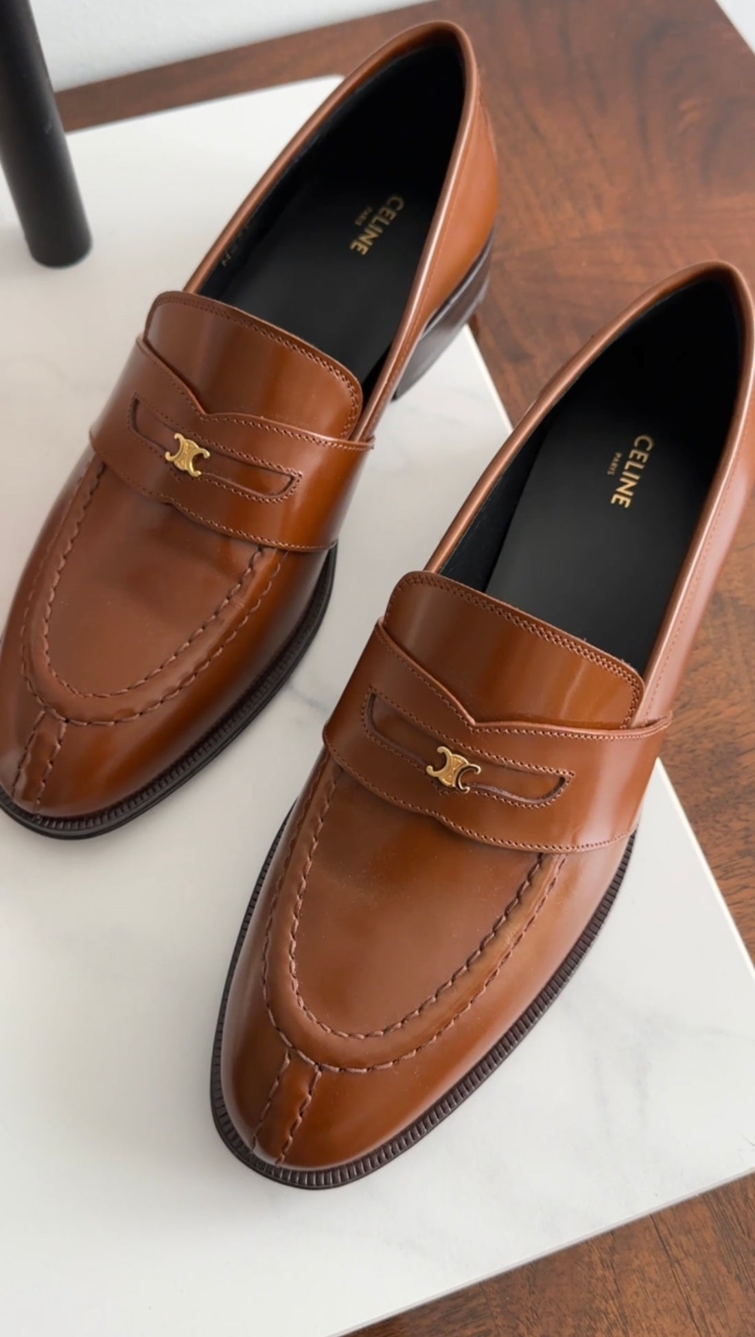 Celine Tan Polished Leather Triomphe Loafers - 37