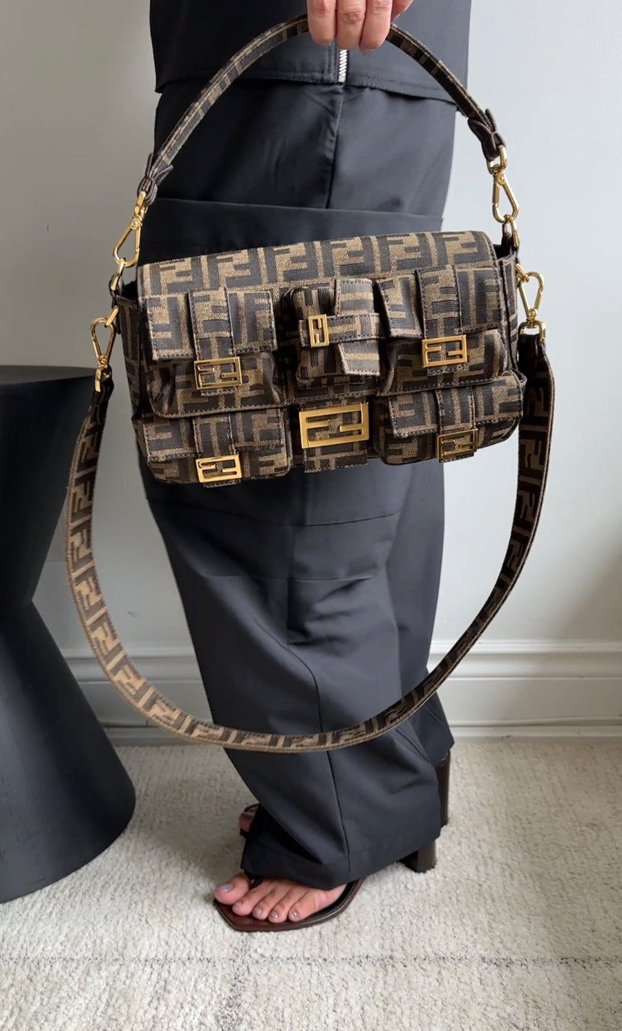 Fendi Brown Zucca FF Multi Pocket Baguette Bag