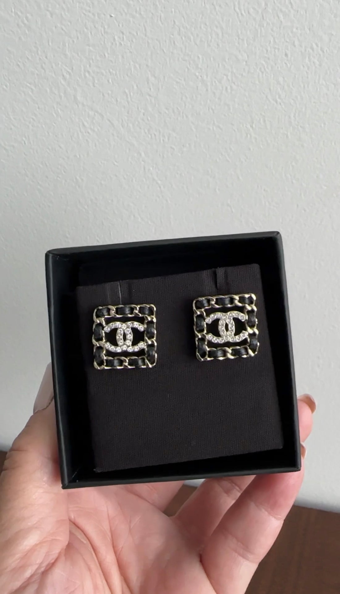 Chanel 21B Light Gold Square Leather Braid CC Crystal Earrings