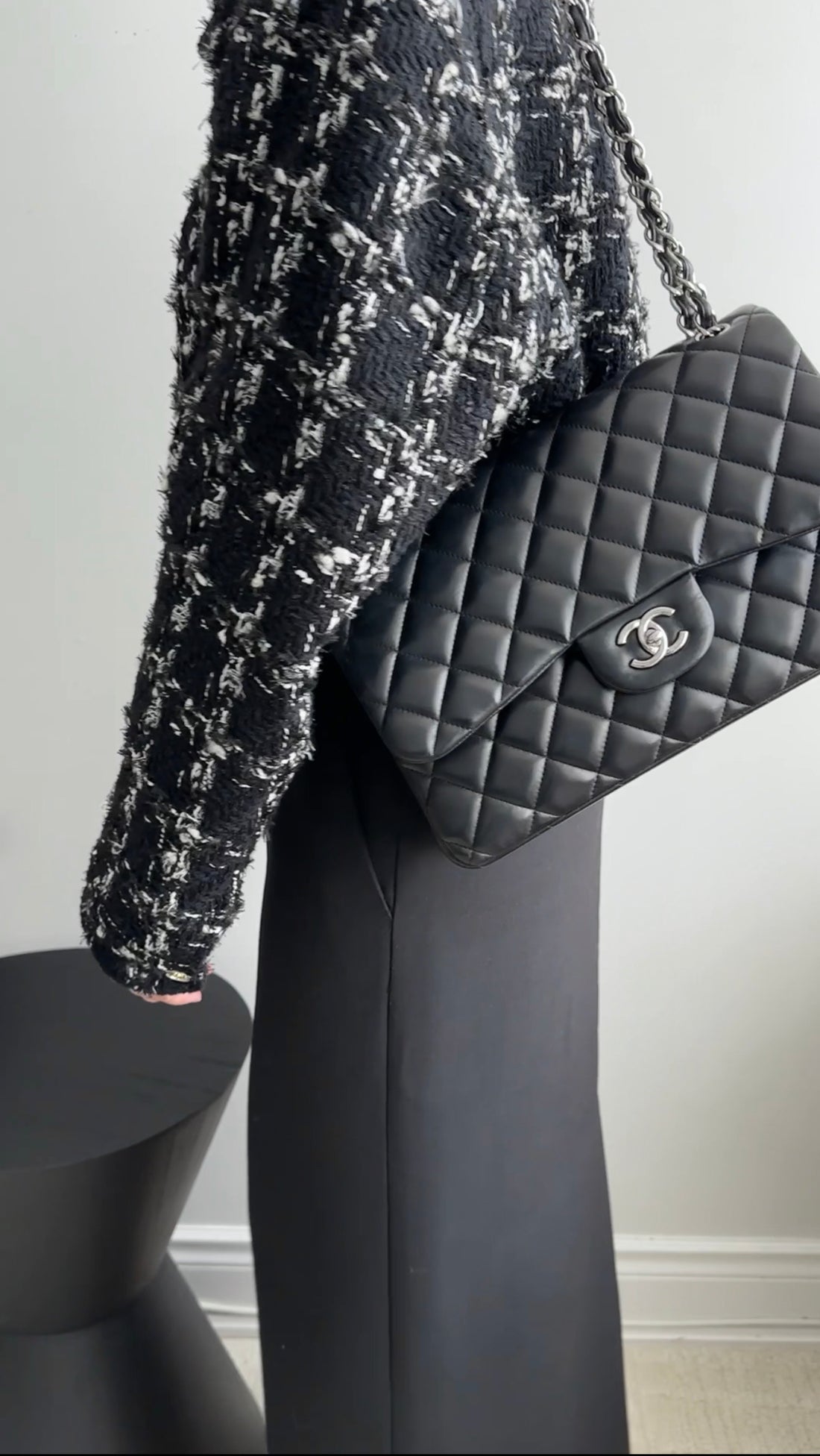 Chanel Black Lambskin Leather Jumbo Double Classic Flap Bag SHW