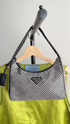 Prada Black and Clear Crystal Embellished Re-Edition Mini Hobo Bag