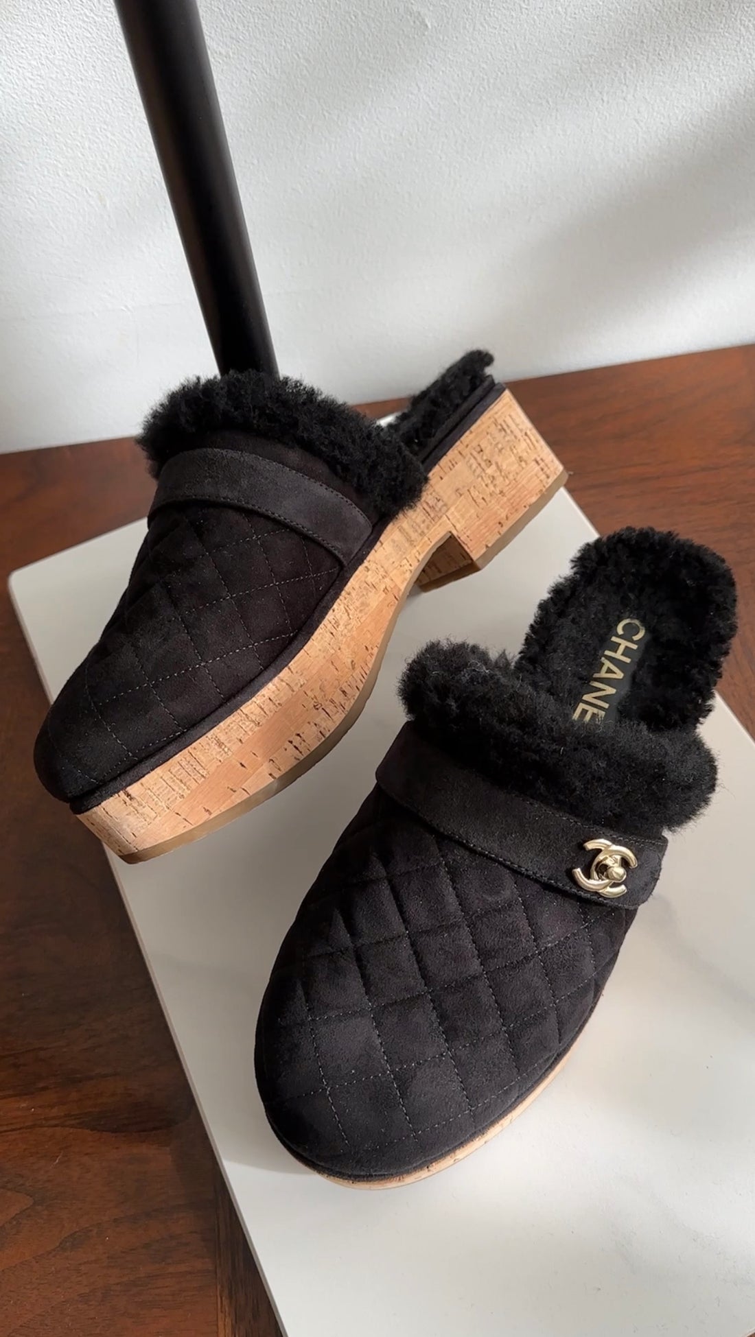 Chanel 21A Black Shearling CC Turn Clasp Quilt Cork Mules - 37