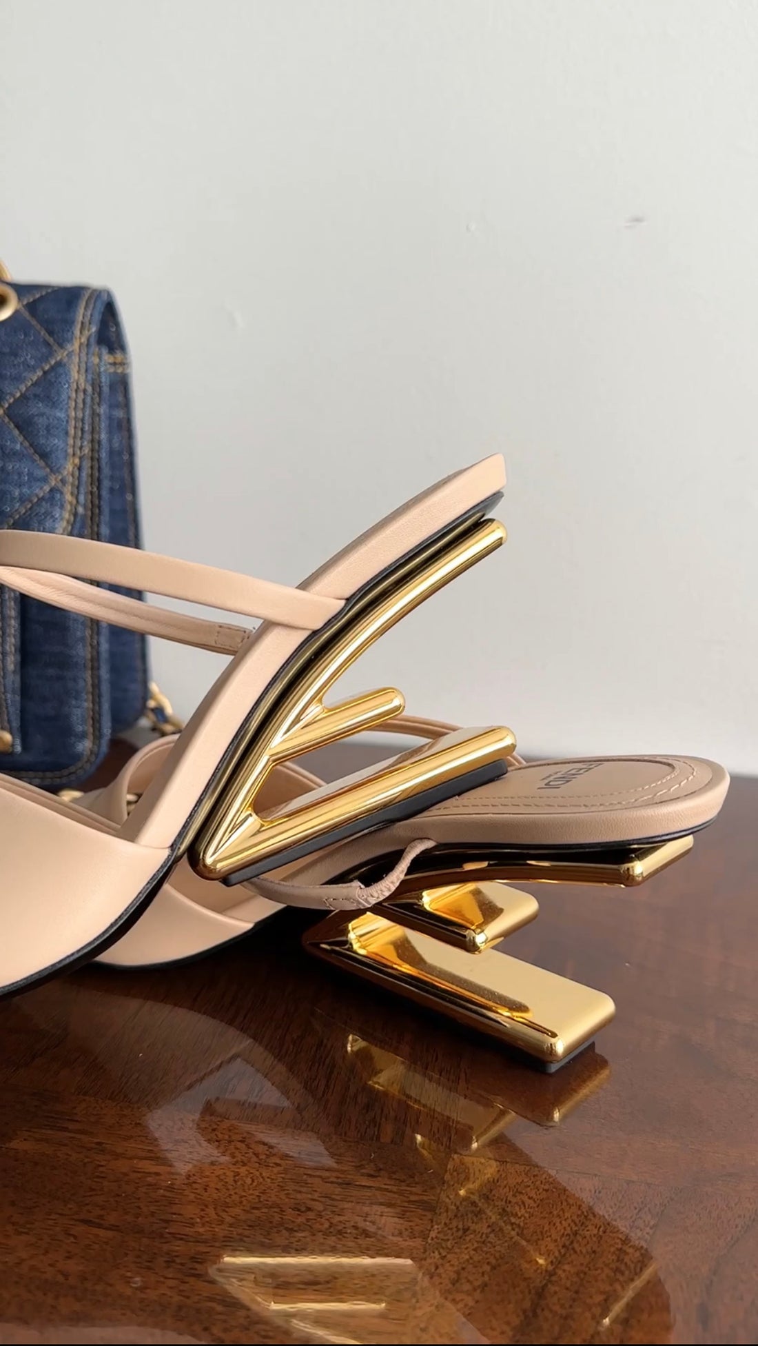 Fendi First Nude Leather Mid Gold Metal Heel Sandals - 37