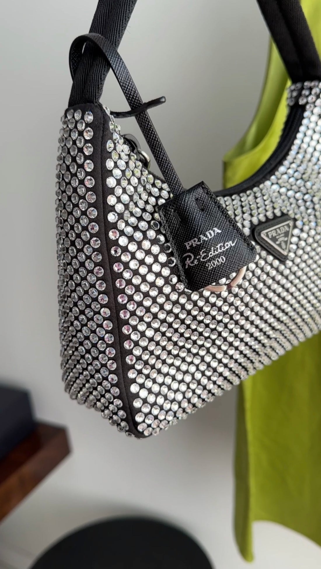 Prada Black and Clear Crystal Embellished Re-Edition Mini Hobo Bag