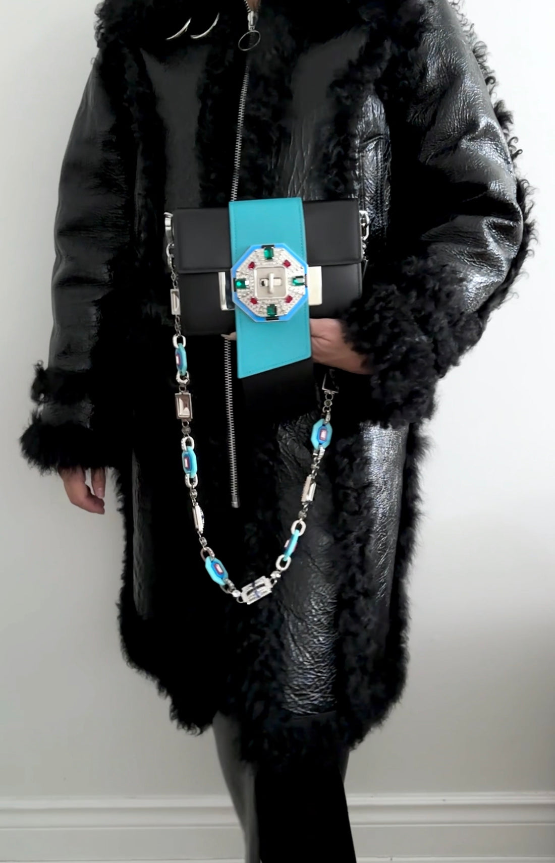 Prada Black and Turuqoise Jewelled City Calf Ribbon Chain Bag