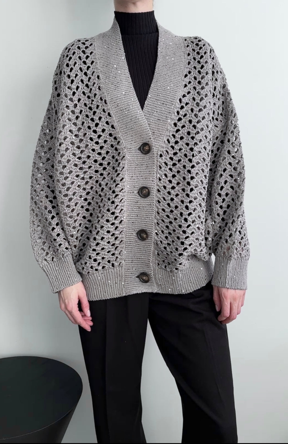 Brunello Cucinelli Grey Open Knit Sequin Cardigan Sweater - S