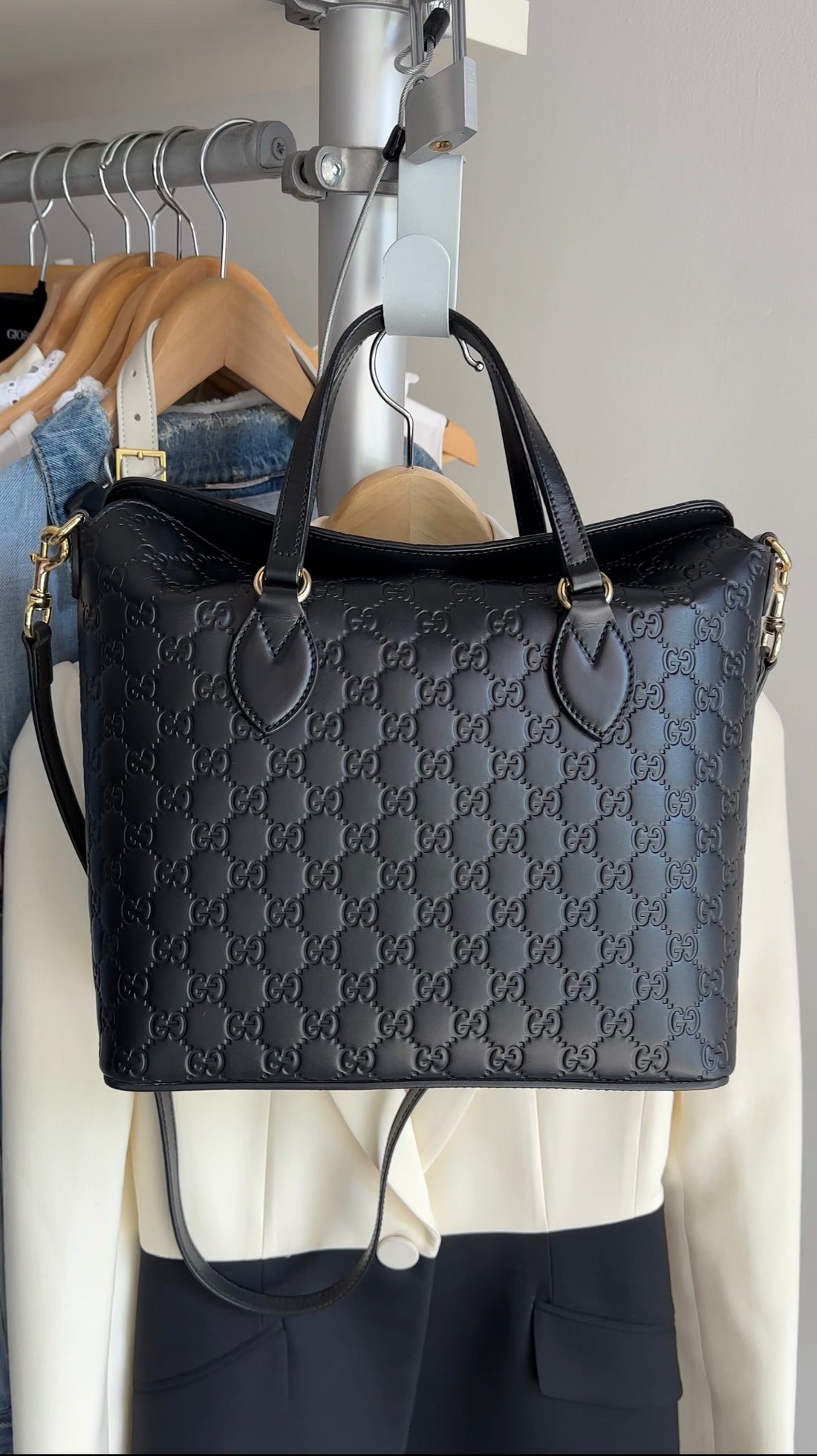 Gucci Black Guccissima Leather Lina A Foldover Two-Way Tote Bag