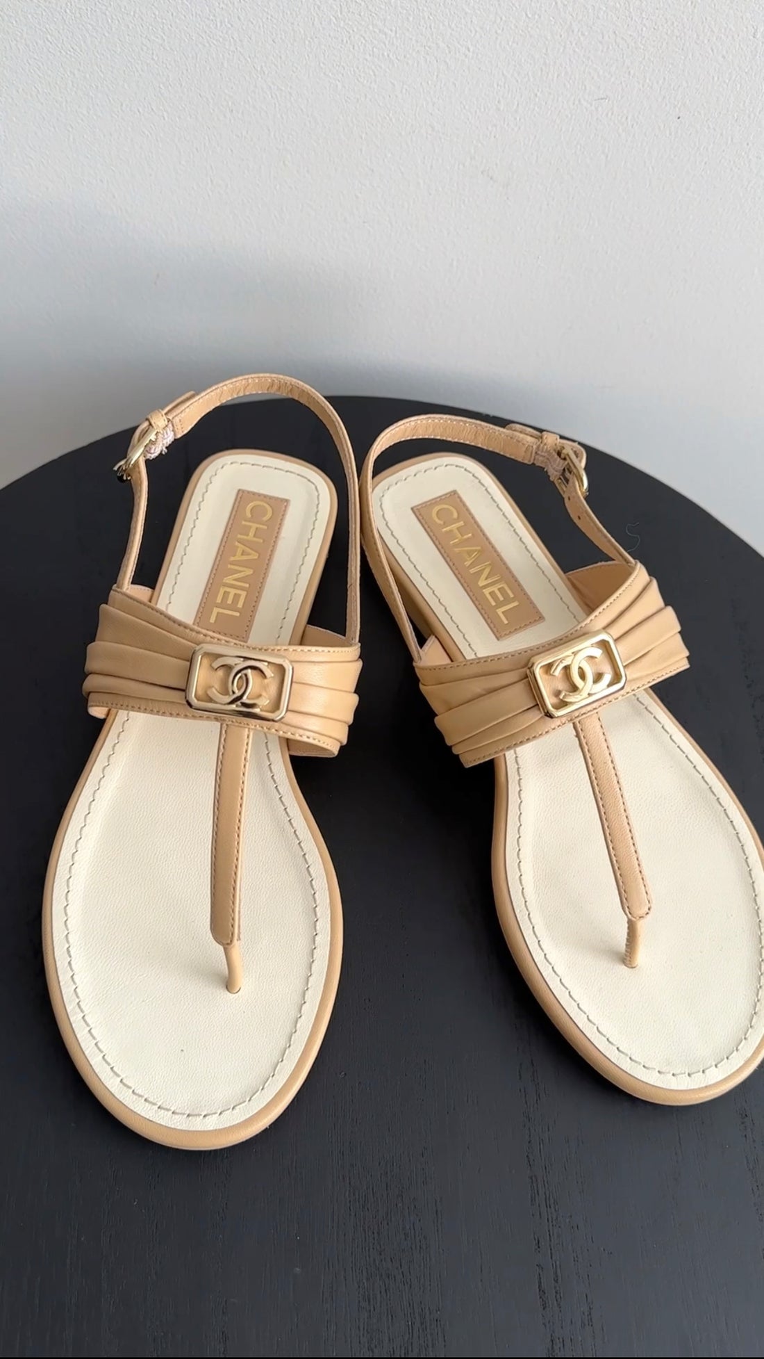 Chanel Beige Leather CC Logo Thong Sandals - 37.5 C