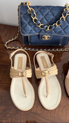 Chanel Beige Leather CC Logo Thong Sandals - 37.5 C