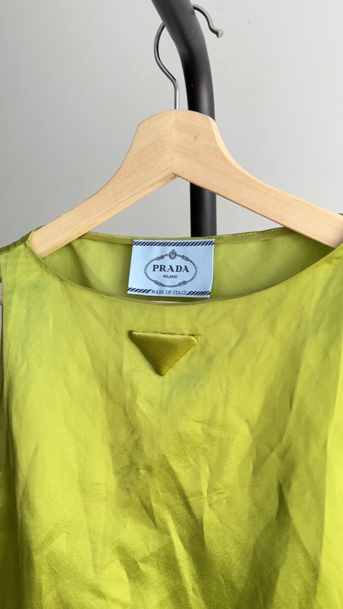 Prada Lime Green Satin Shift Dress with Triangle Logo - M (8) I MISS YOU VINTAGE Prada Lime Green Satin Shift Dress with Triangle Logo - M (8) I MISS YOU VINTAGE