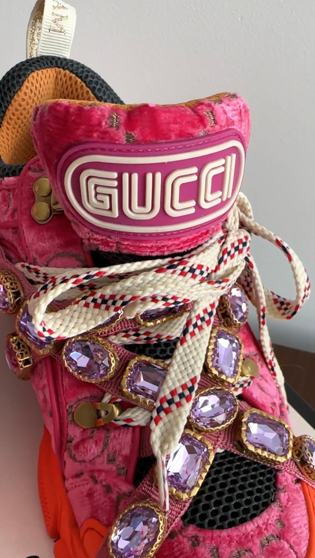 Gucci Pink Velvet and Orange Flashtrek Sneakers - 38.5 / 8