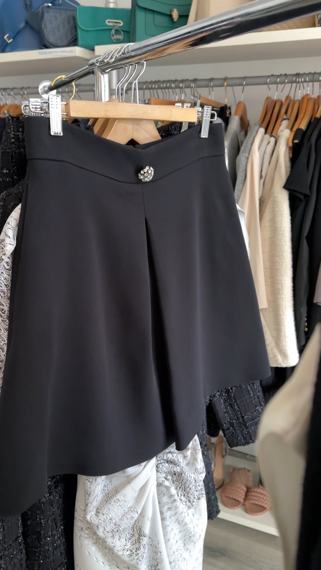 Giambattista Valli Black Crepe A-line Skirt with Crystal Button - IT 44 / M