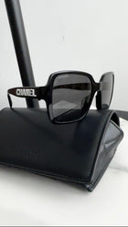 Chanel 5408 Black Square Sunglasses with White Logo at Temple