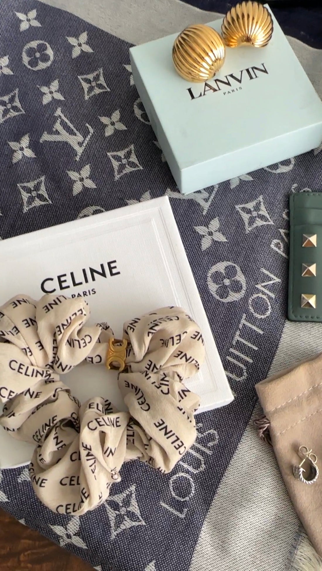 Celine Light Beige Logo Scrunchie with Gold Logo Detail