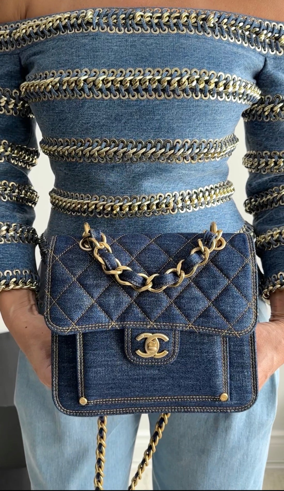 Chanel 23S Denim Quilted Chain Square Flap Bag