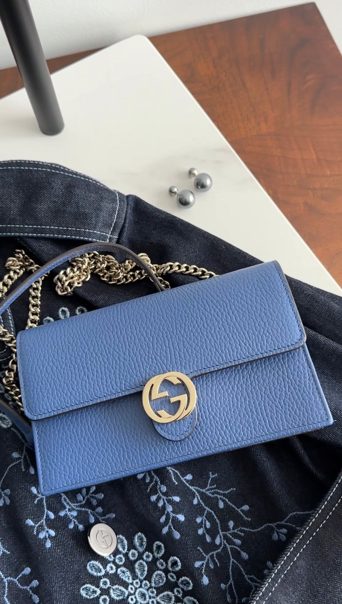 Gucci Interlocking GG Dark Blue Leather Wallet on Chain