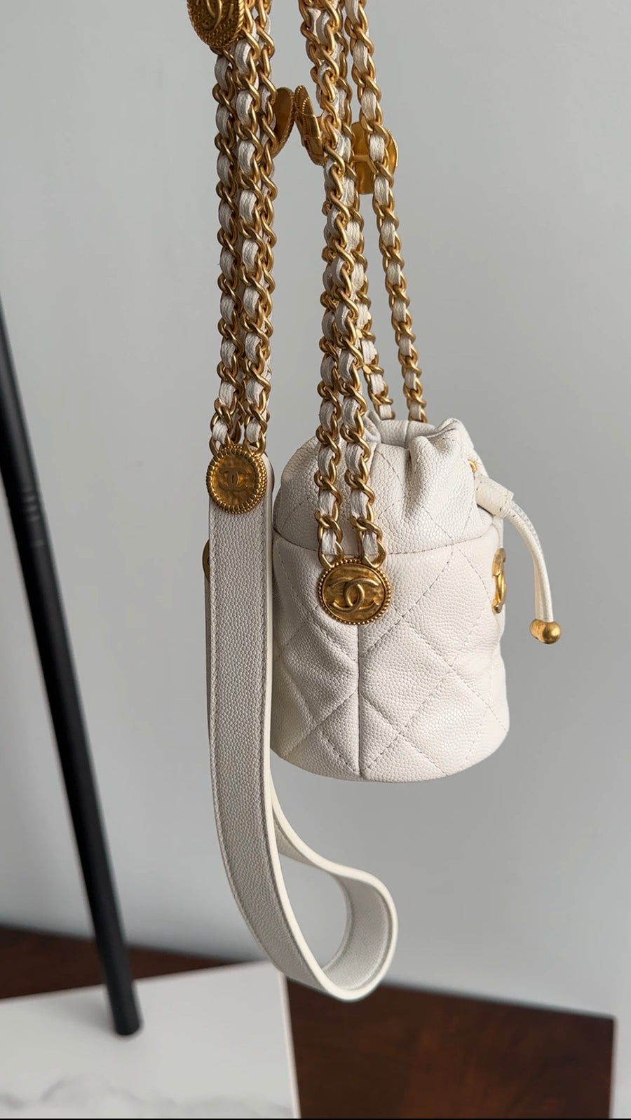 Chanel Twist Your Buttons Drawstring Bucket Bag Quilted Caviar Mini