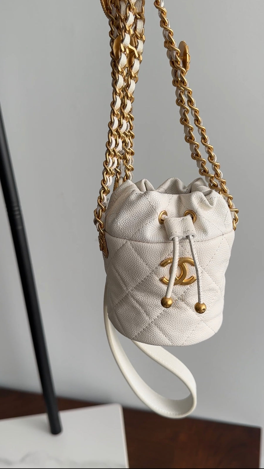 Chanel Twist Your Buttons Drawstring Bucket Bag Quilted Caviar Mini