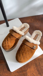 Chanel 21A Brown Shearling CC Turn Clasp Quilt Cork Mules - 37