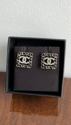 Chanel 21B Light Gold Square Leather Braid CC Crystal Earrings