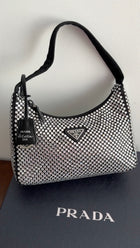 Prada Black and Clear Crystal Embellished Re-Edition Mini Hobo Bag