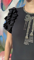 Gucci Black Ruffle Sleeve Beaded Bow Midi Dress - M
