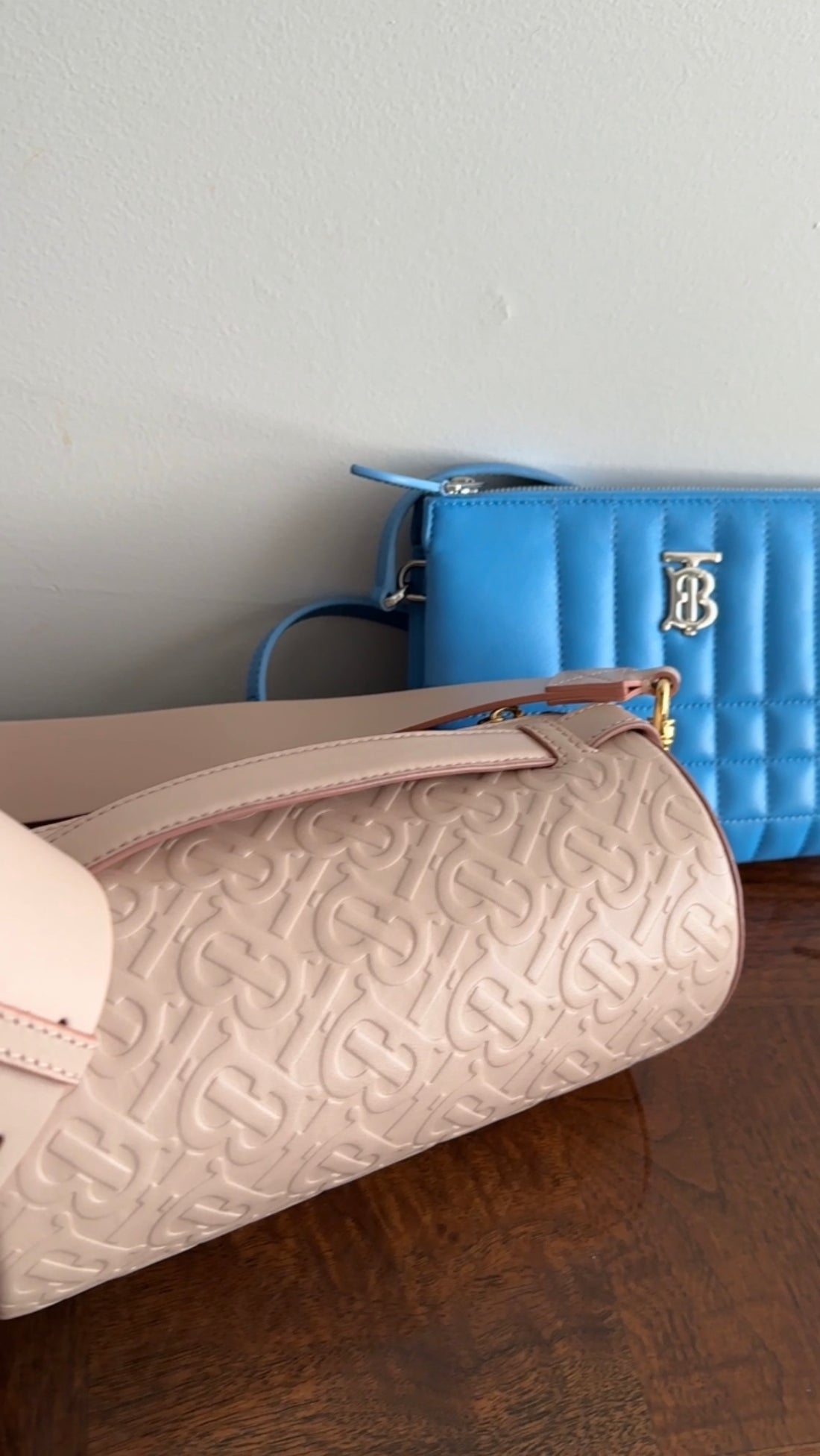 Burberry Light Pink Leather Embossed Monogram Barrel Bag