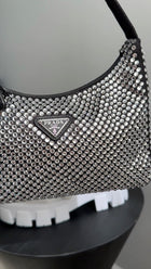 Prada Black and Clear Crystal Embellished Re-Edition Mini Hobo Bag