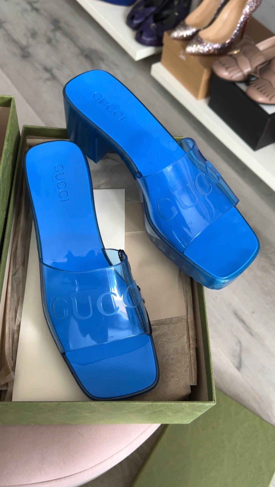 Gucci Blue Jelly Block Heel Logo Sandals - 40