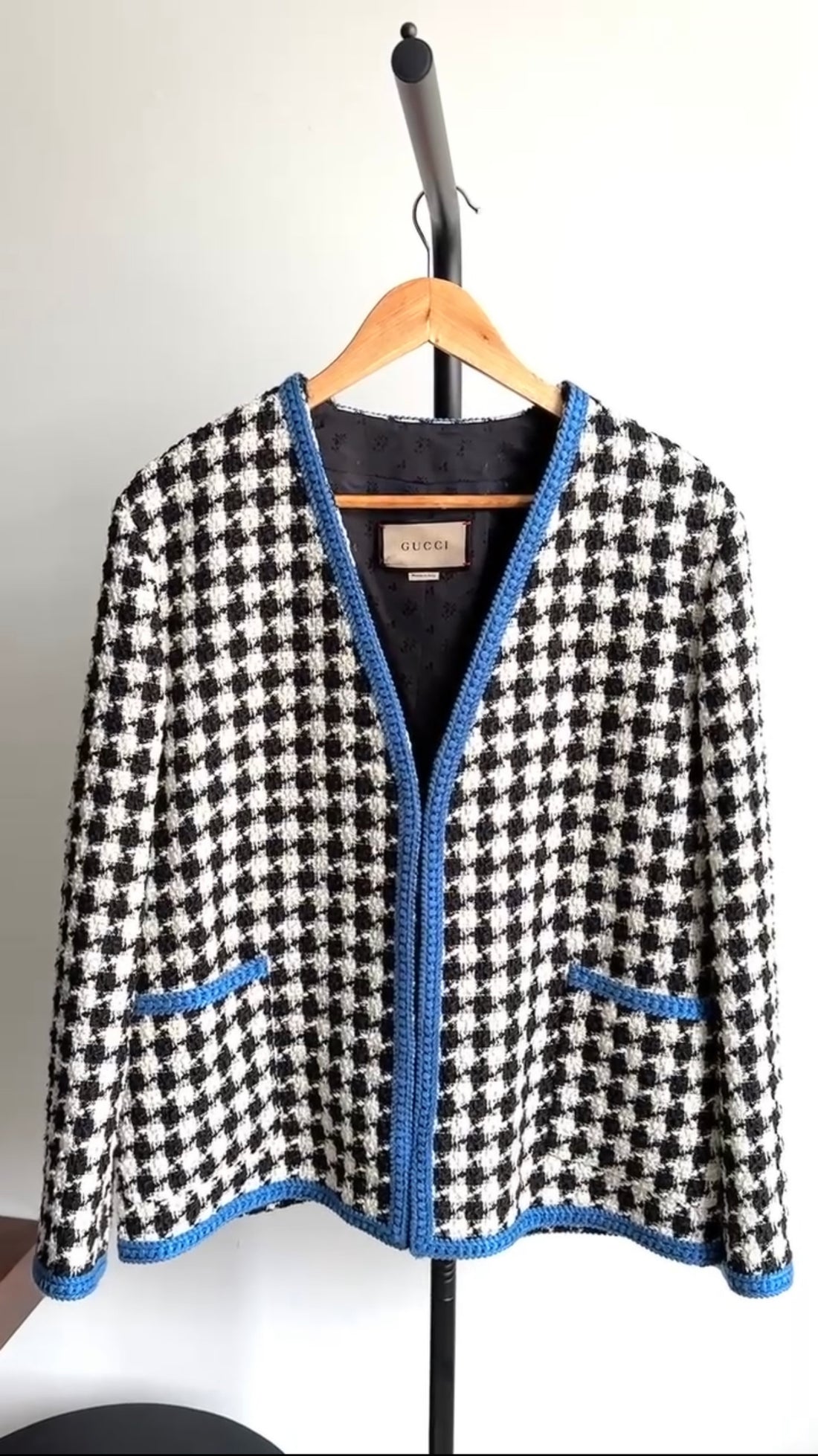 Gucci Black and White Tweed Jacket with Blue Trim - M / L