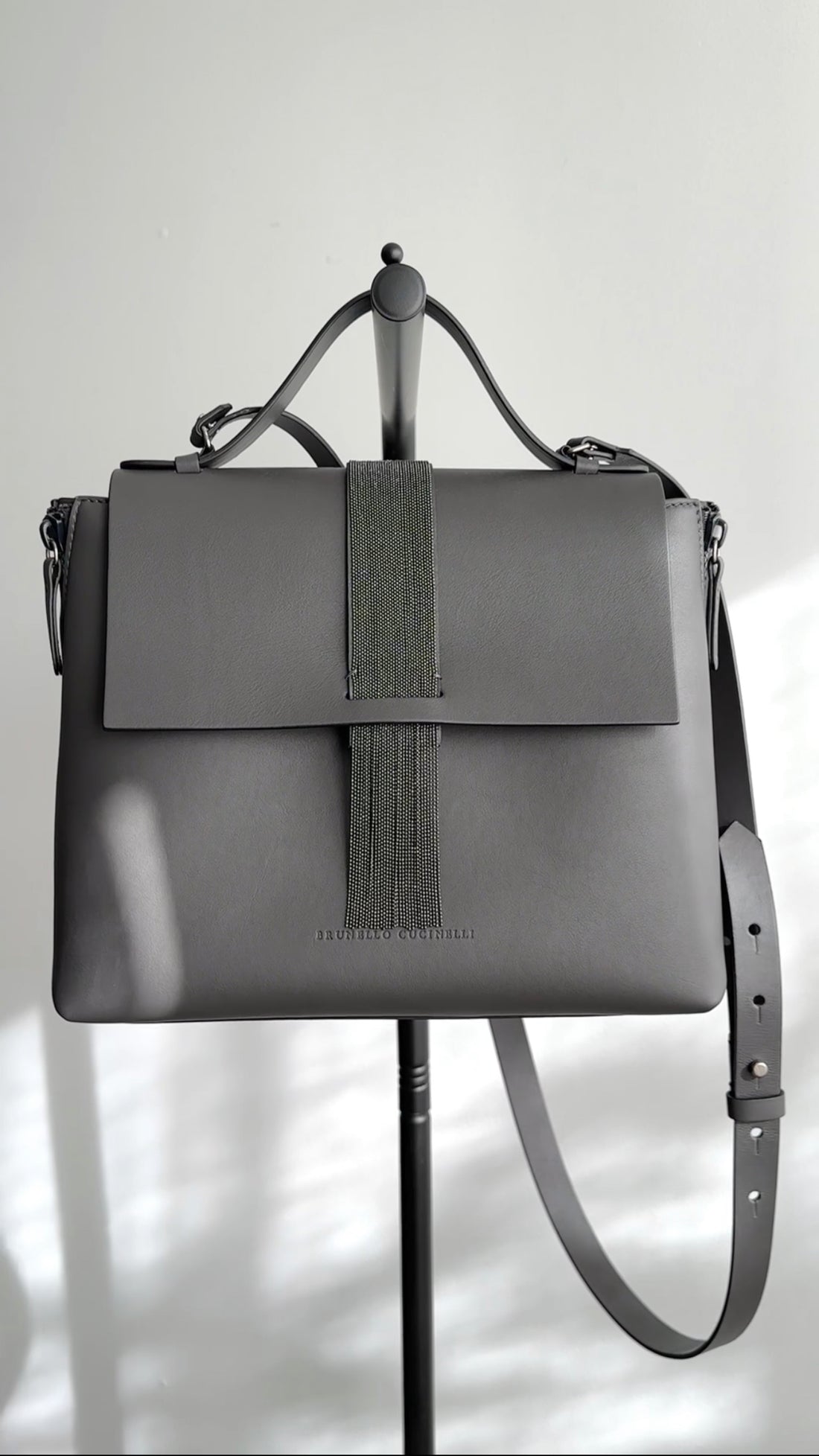 Brunello Cucinelli Grey Leather Monili Two-Way Satchel Bag