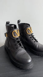 Valentino Black Leather V Logo Combat Ankle Boots - 39