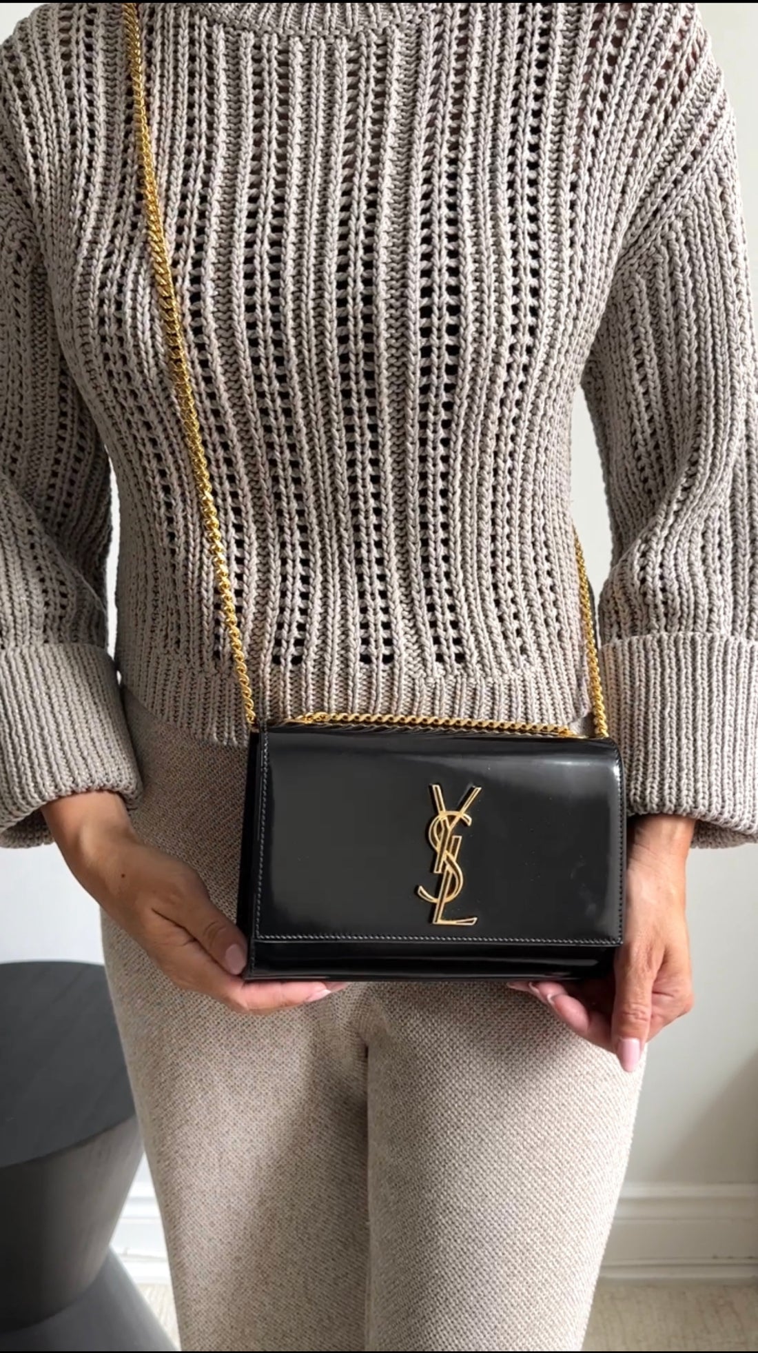 Saint Laurent Black Glossed Leather Small Kate Chain Bag