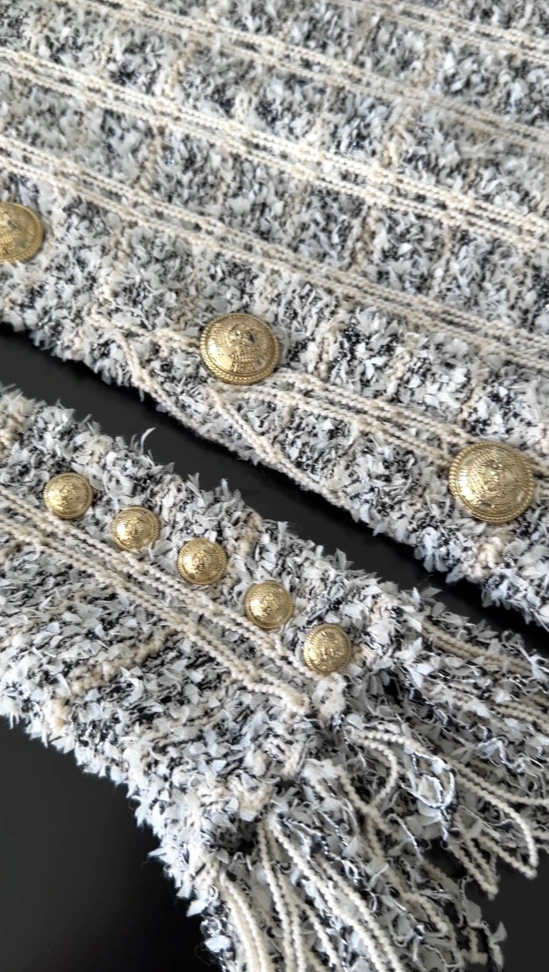 Balmain Ivory White Black Fringe Knit Tweed Dress with Gold Buttons - I MISS YOU VINTAGE Balmain Ivory White Black Fringe Knit Tweed Dress with Gold Buttons - I MISS YOU VINTAGE