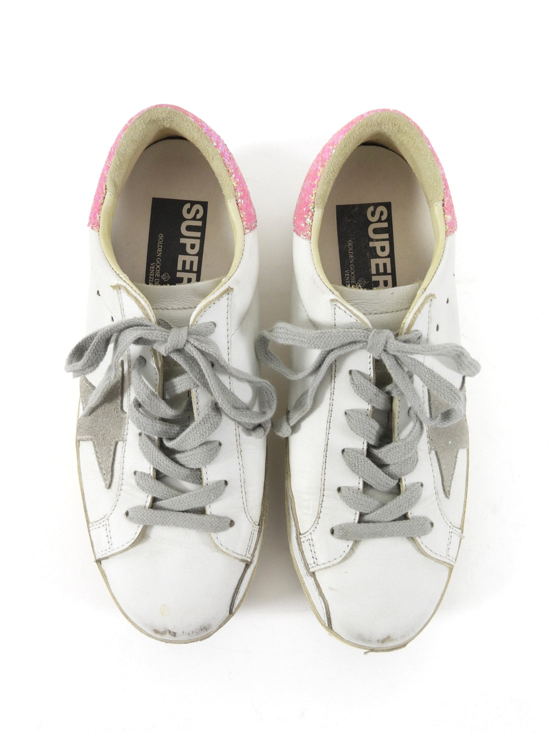 Golden Goose Superstar White Distressed Low Top Pink Glitter Sneakers - 36