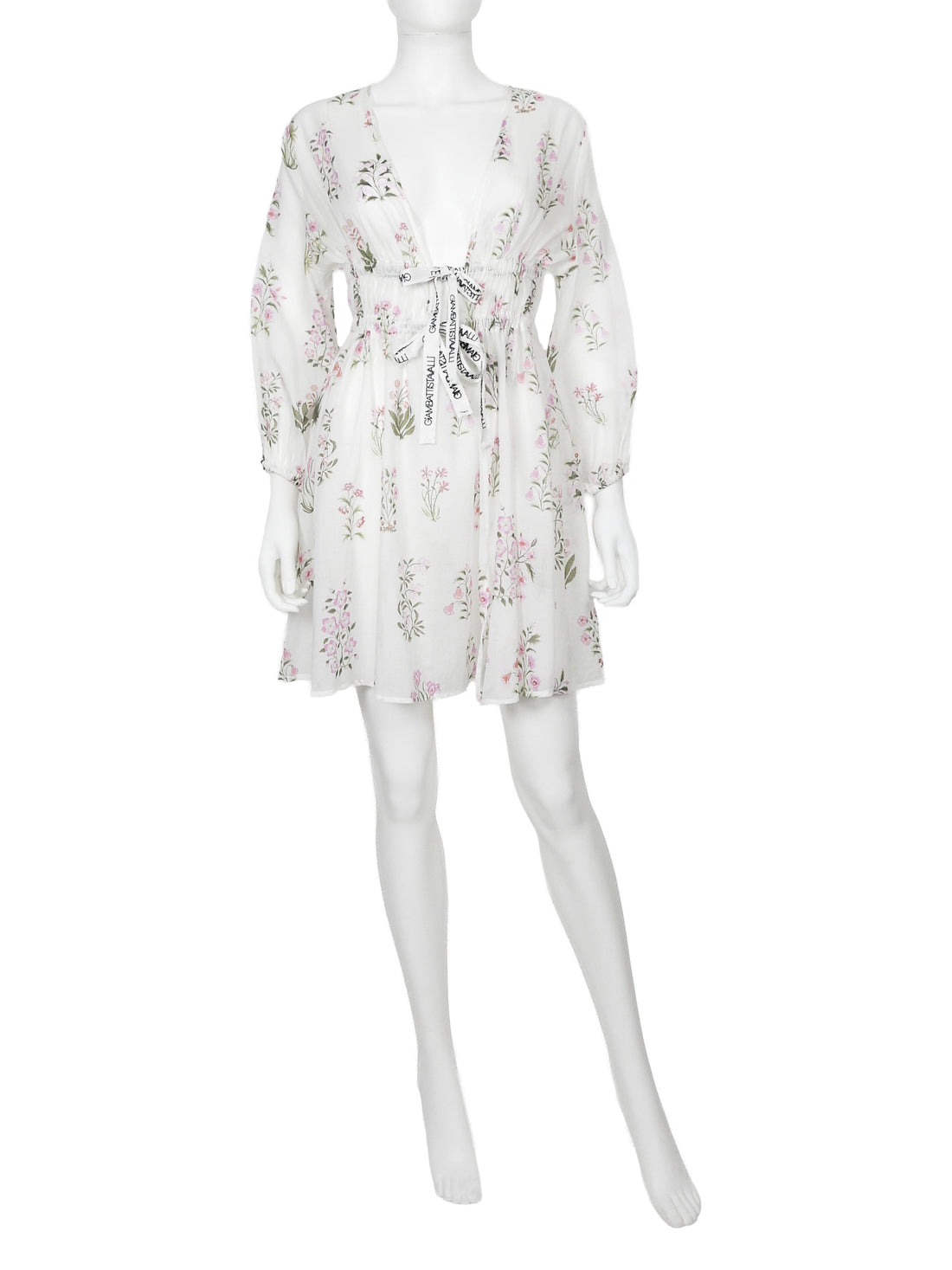 Giambattista Valli White Pink Floral Cotton Logo Tie Babydoll Dress - 42