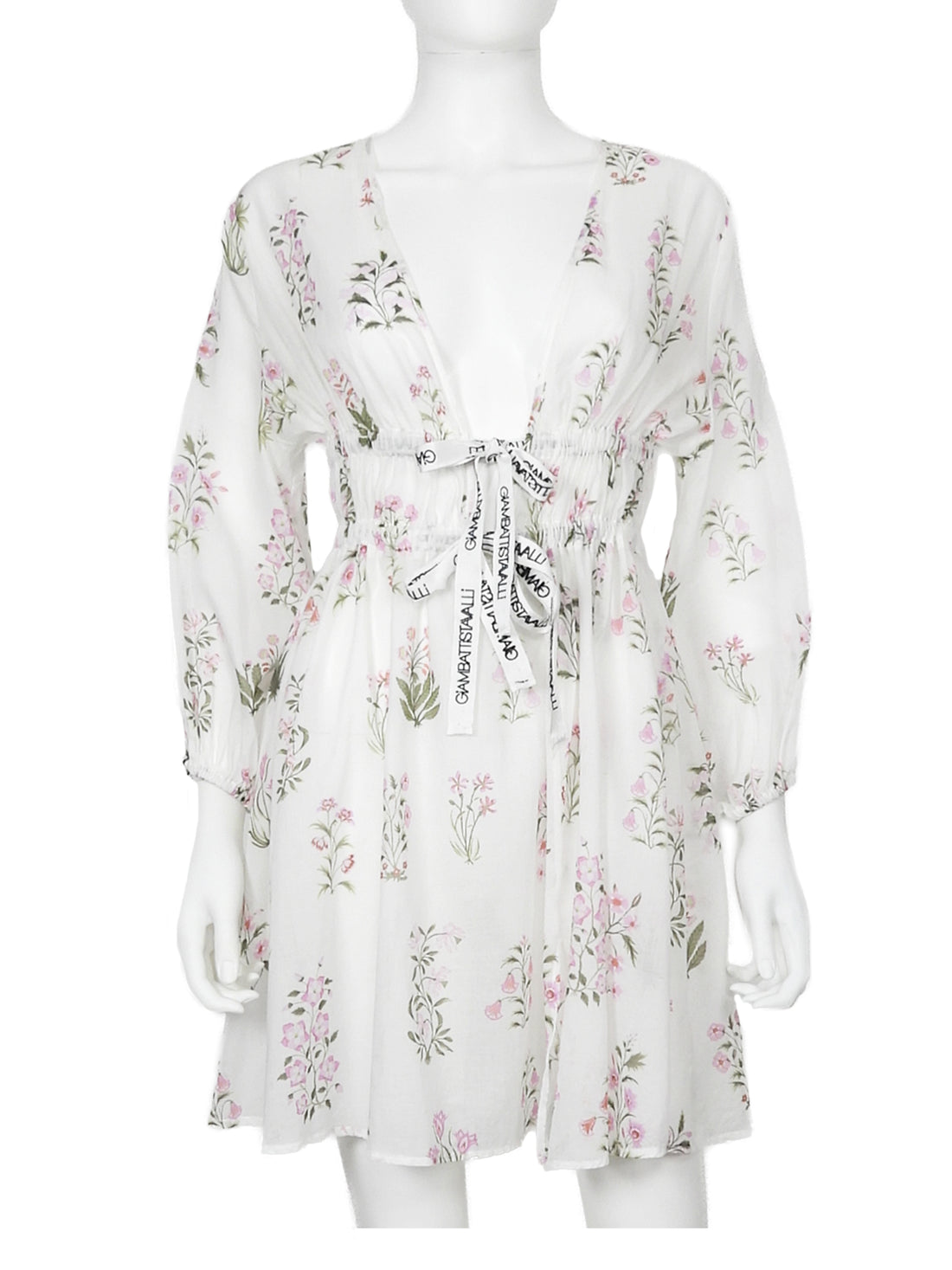 Giambattista Valli White Pink Floral Cotton Logo Tie Babydoll Dress - 42
