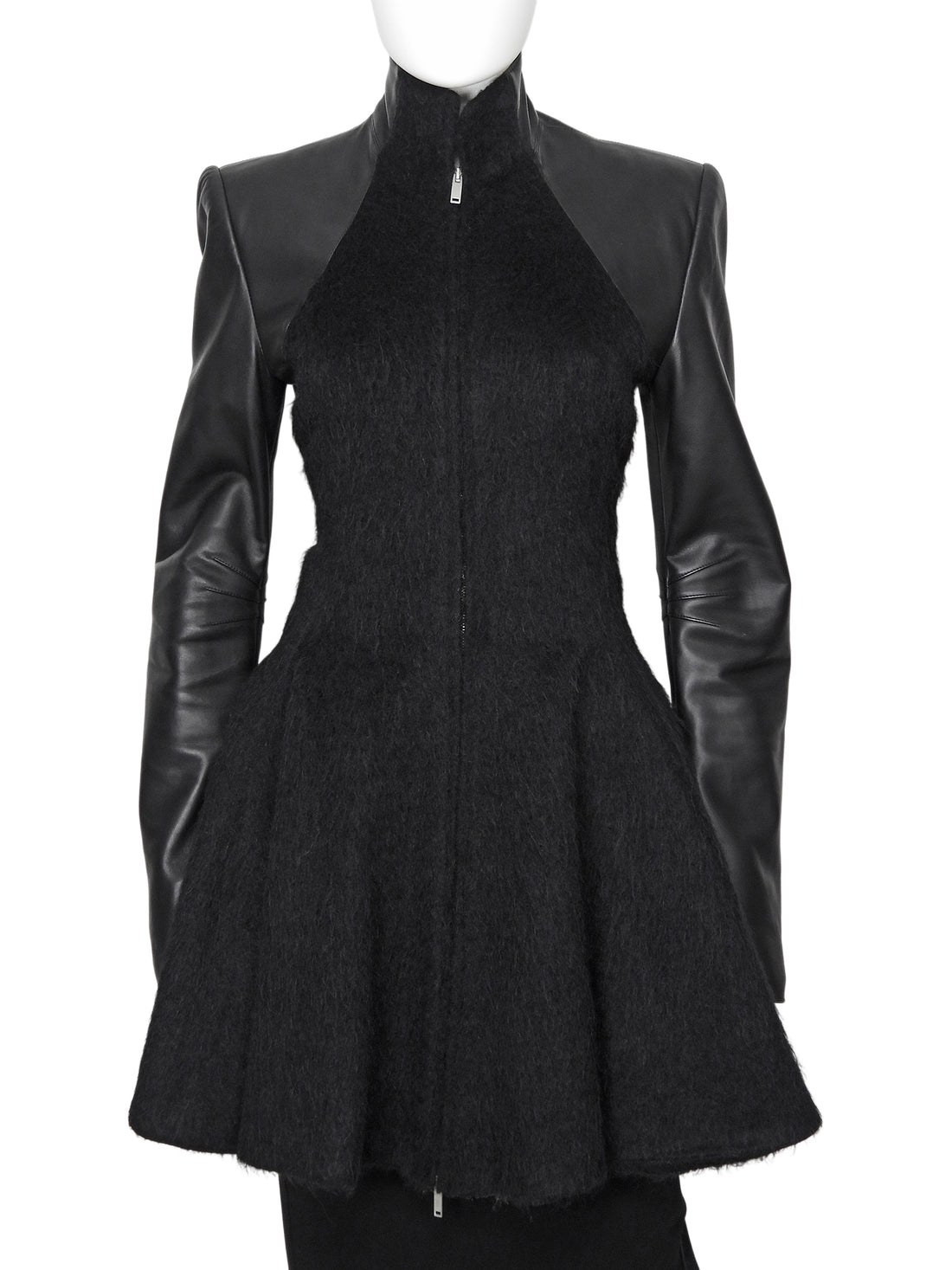 Gareth Pugh Black Alpaca and Leather Flare Zip Coat - US 10