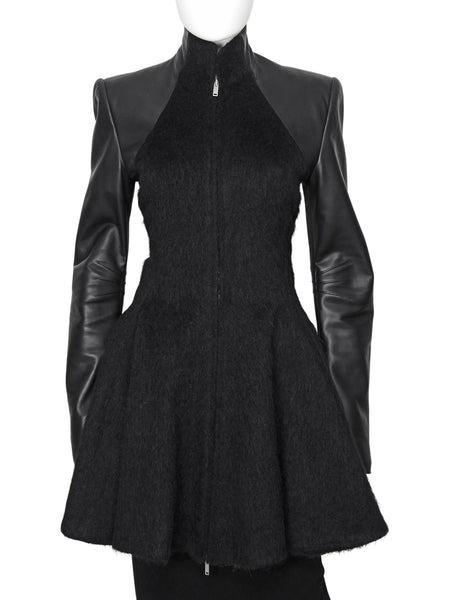 Gareth Pugh Black Alpaca and Leather Flare Zip Coat - US 10