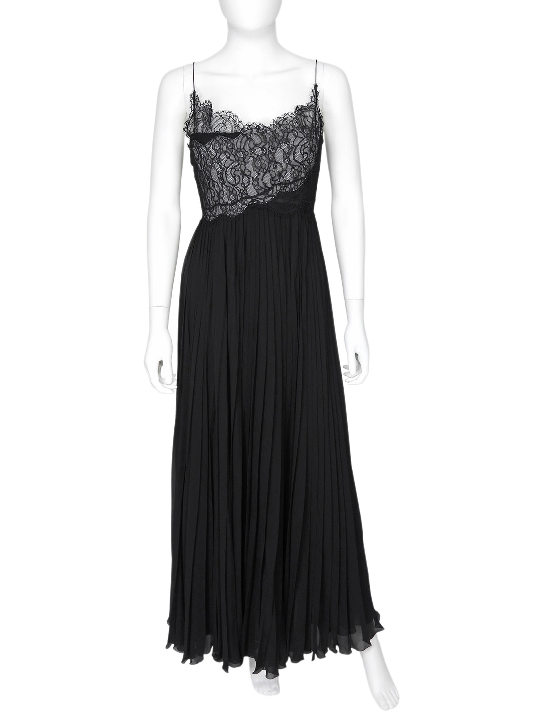 Giambattista Valli Black Flat Pleat Illusion Lace Strappy Gown -  IT 44 / 8 / M