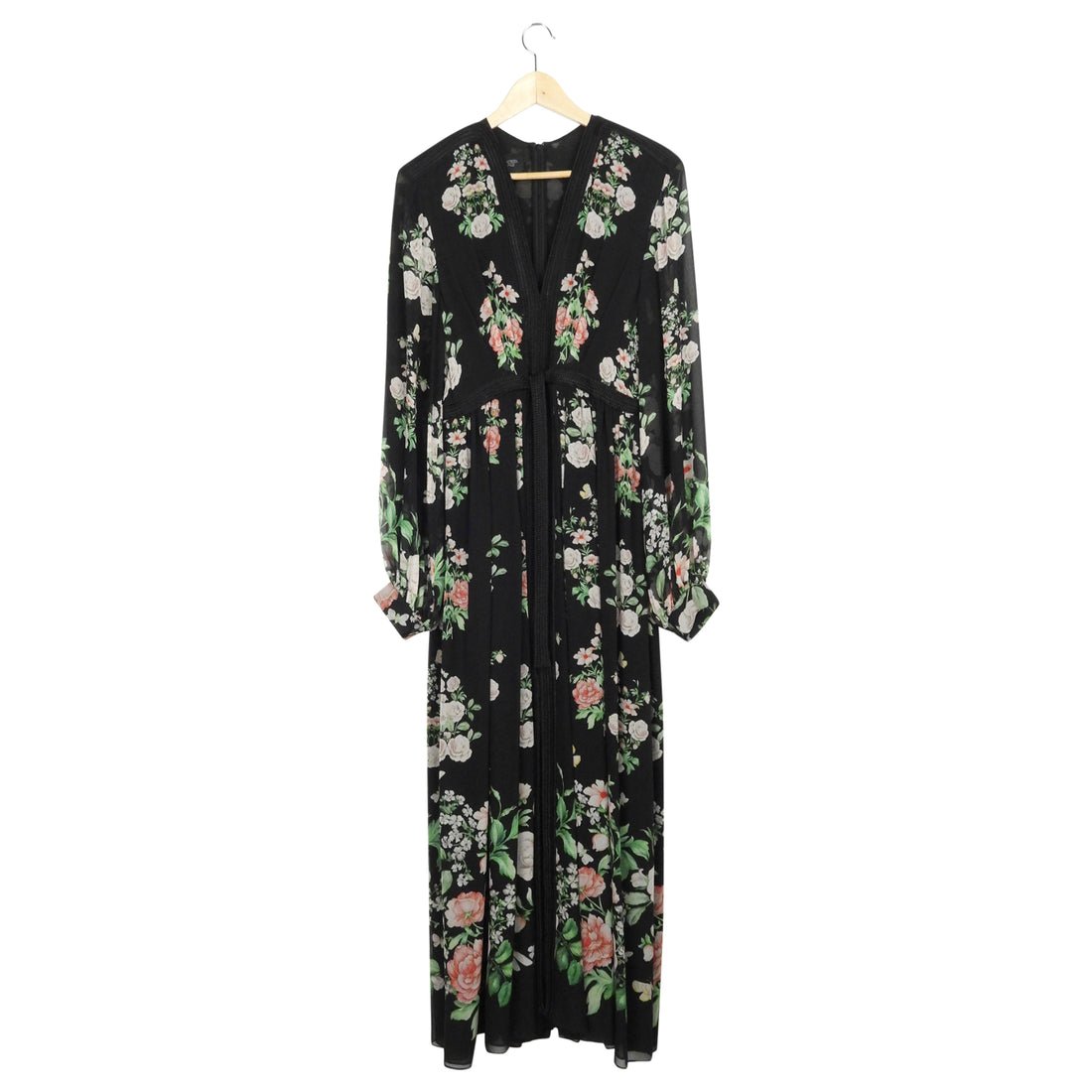 Giambattista Valli Black Floral Print Silk Chiffon Belted Gown - 42