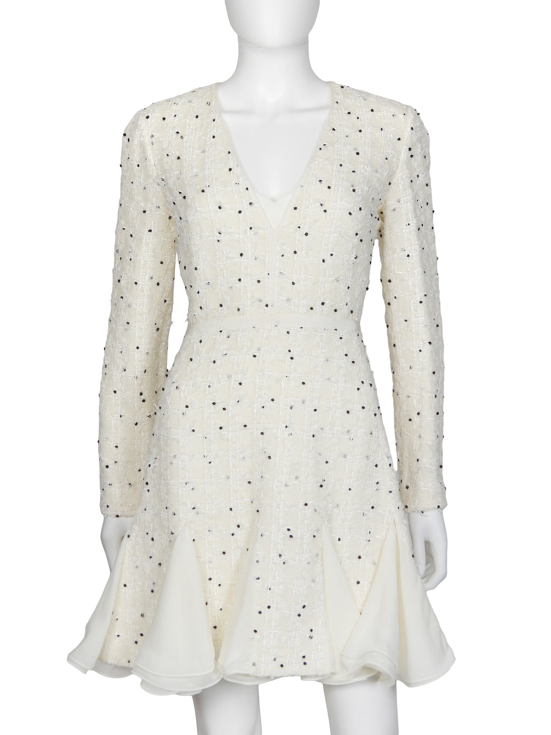 Giambattista Valli Ivory Dotted Tweed V Neck Flounce Dress -IT 44 / US 8