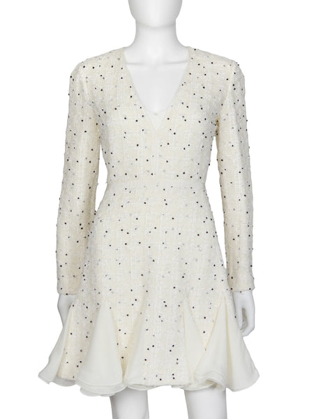 Giambattista Valli Ivory Dotted Tweed V Neck Flounce Dress -IT 44 / US 8
