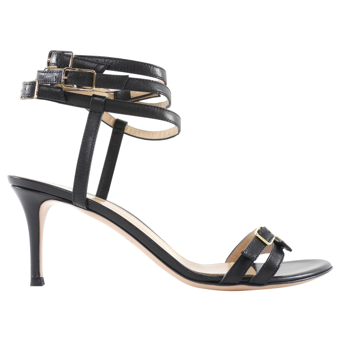 Gianvito Rossi Black Gold Leather Strappy Sandal Heels - 38.5