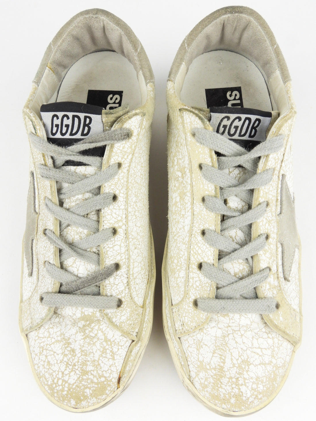 Golden Goose Ivory and Grey Distressed Leather Low Top Superstar Trainers - 36