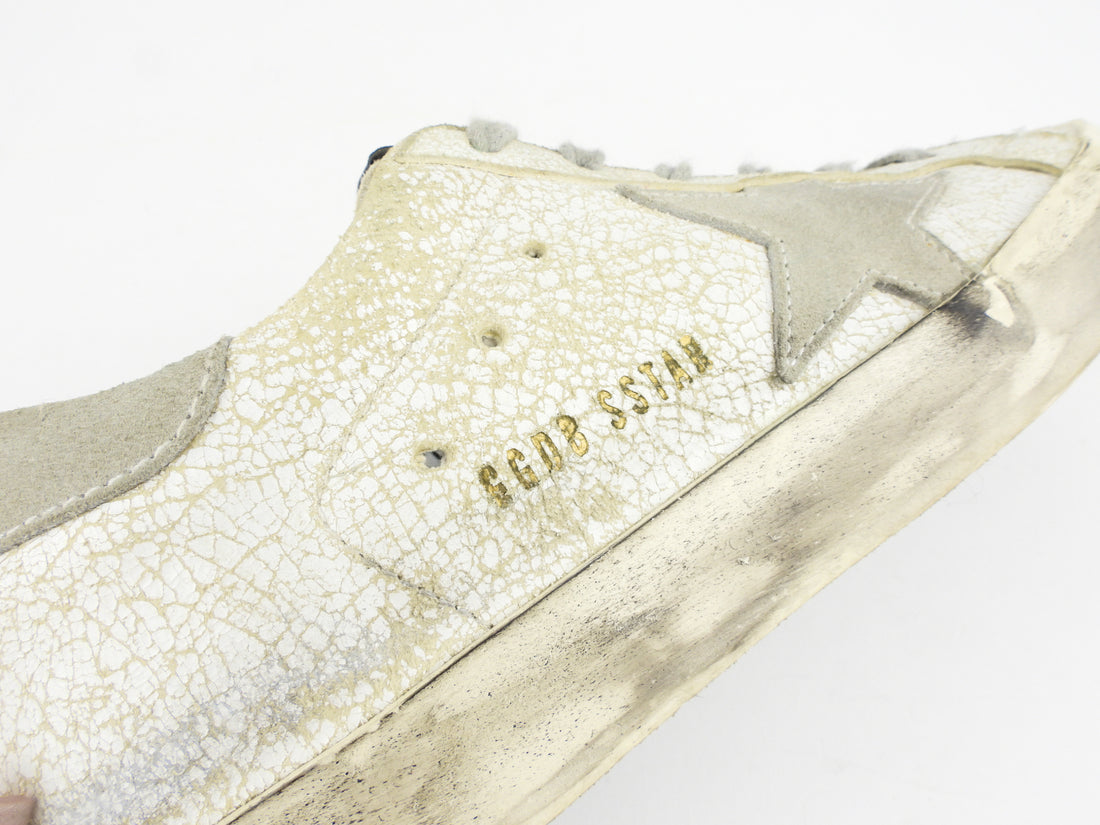 Golden Goose Ivory and Grey Distressed Leather Low Top Superstar Trainers - 36
