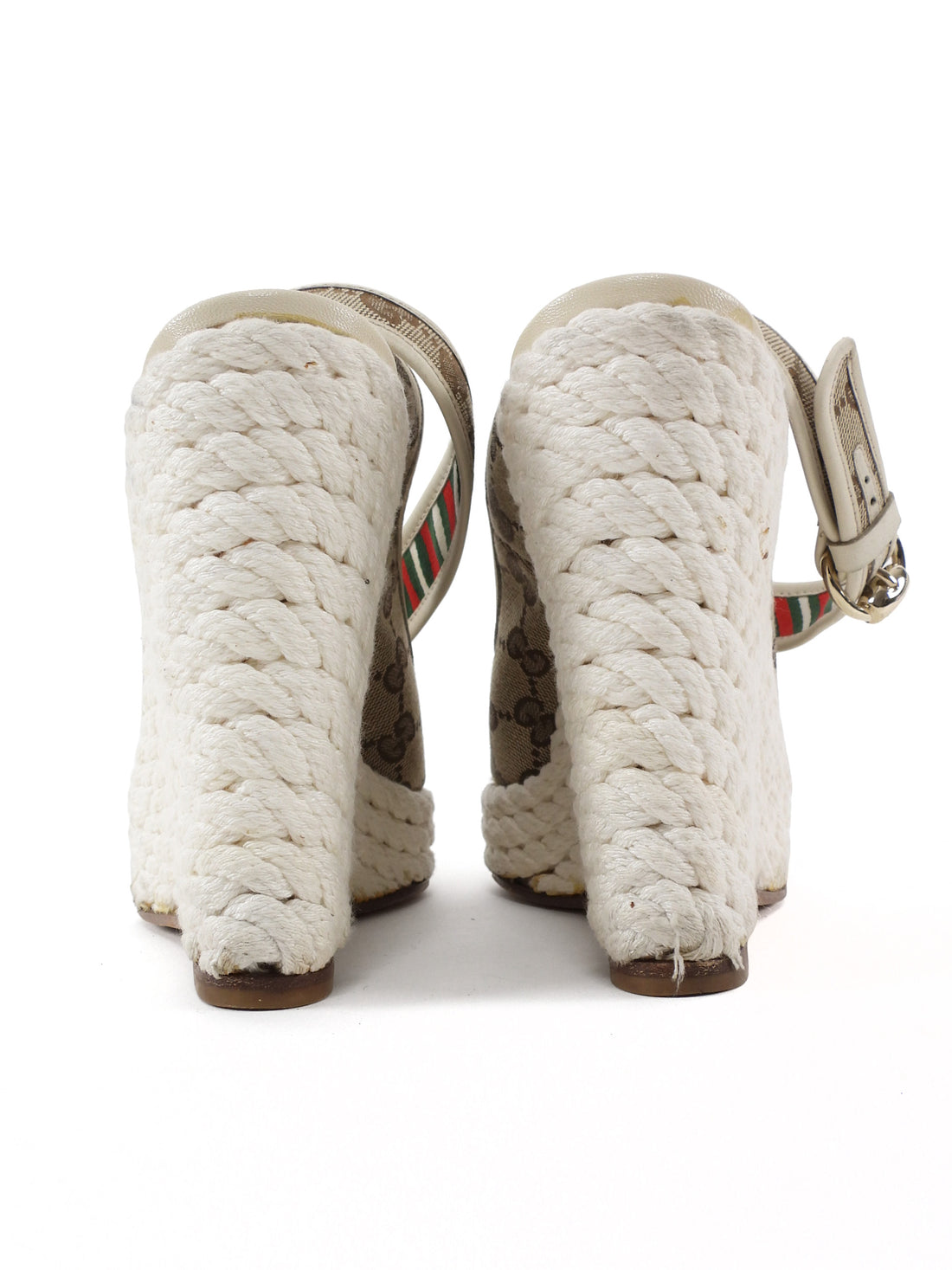 Gucci White Beige Monogram Canvas Rope Wedge Sandals - 36