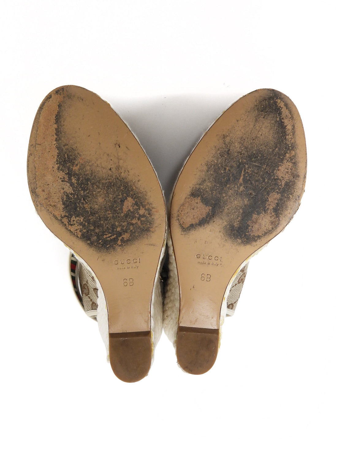 Gucci White Beige Monogram Canvas Rope Wedge Sandals - 36